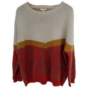 Easel Leopard Colorblock Sweater Womens Medium Red Cream Knit Pullover